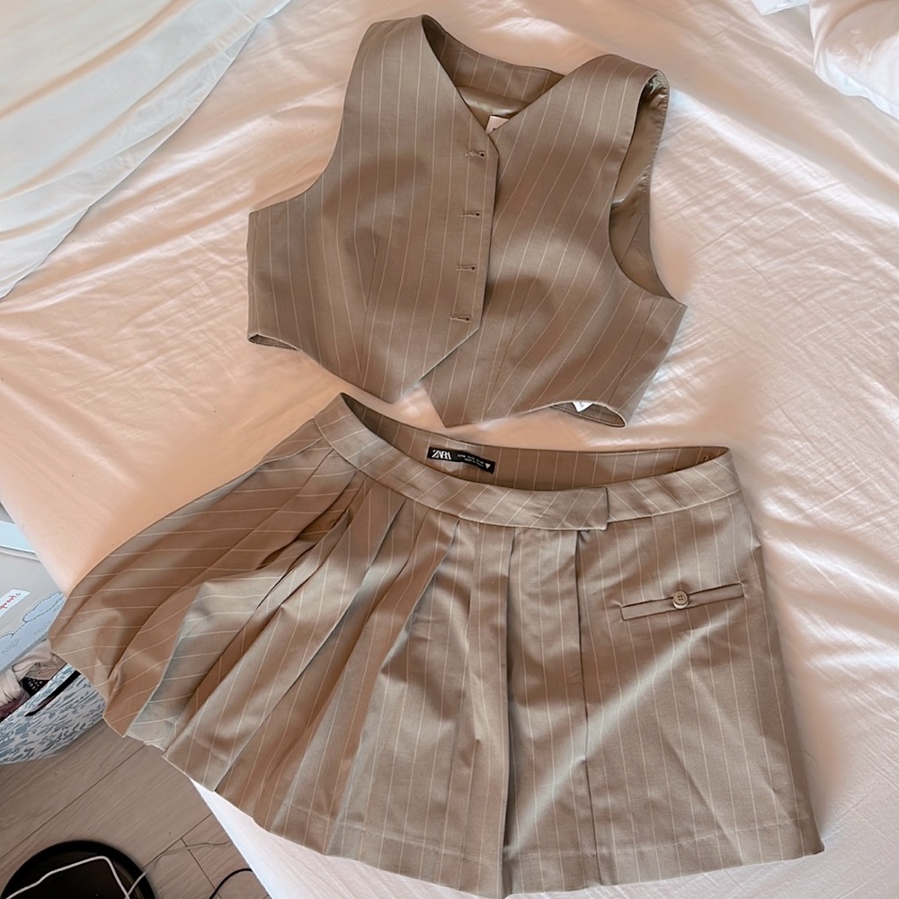 Zara Tan pinstripe vest and micro skirt set